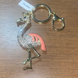 Crystal blingy gold tone Flamingo bag charm Keychain w Pink Enamel Accents NWT